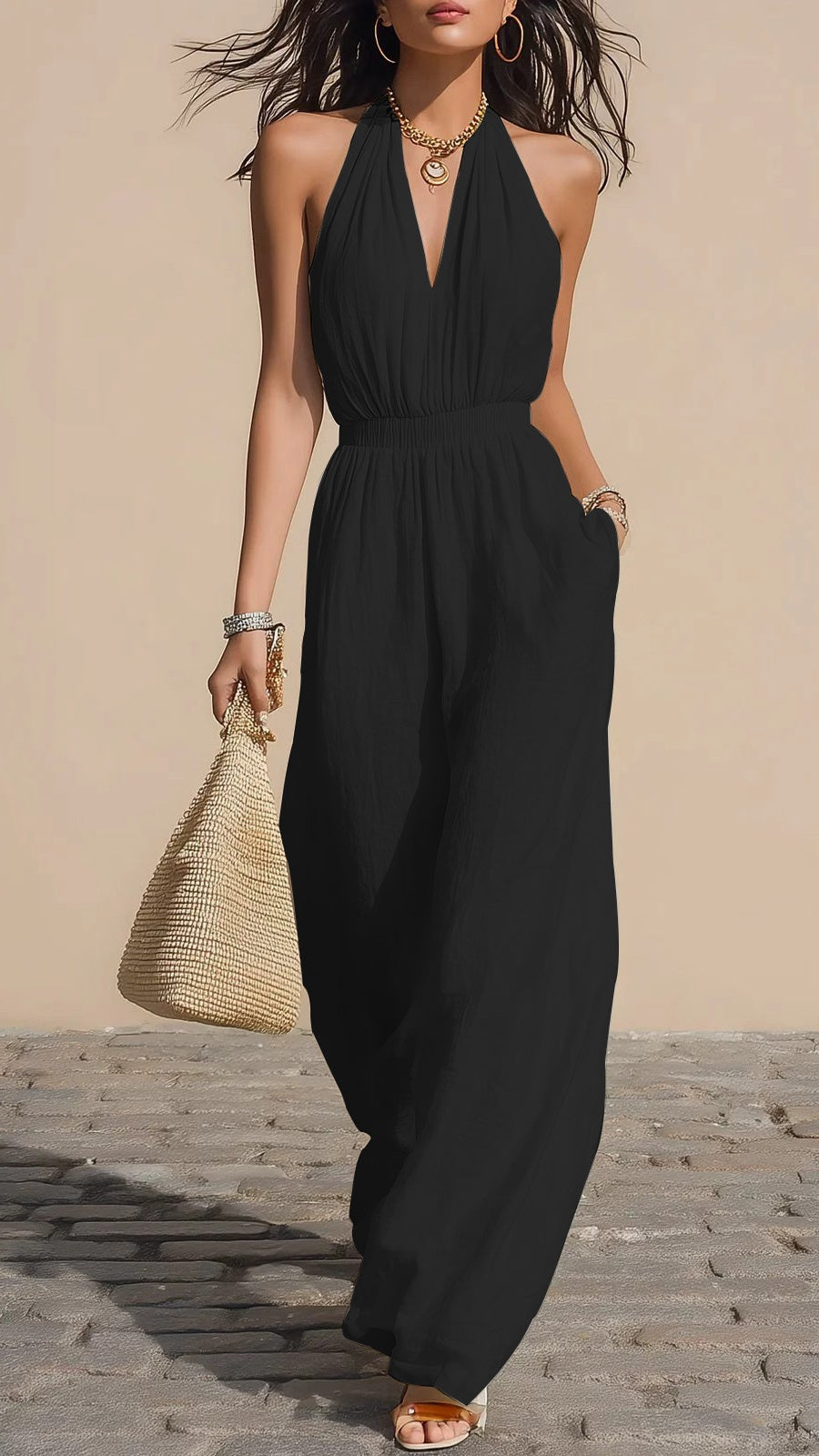 Women’s Halter-Neck V-Neck Slim-Fit Jumpsuit — Simple Solid-Color Wide-Leg Trousers