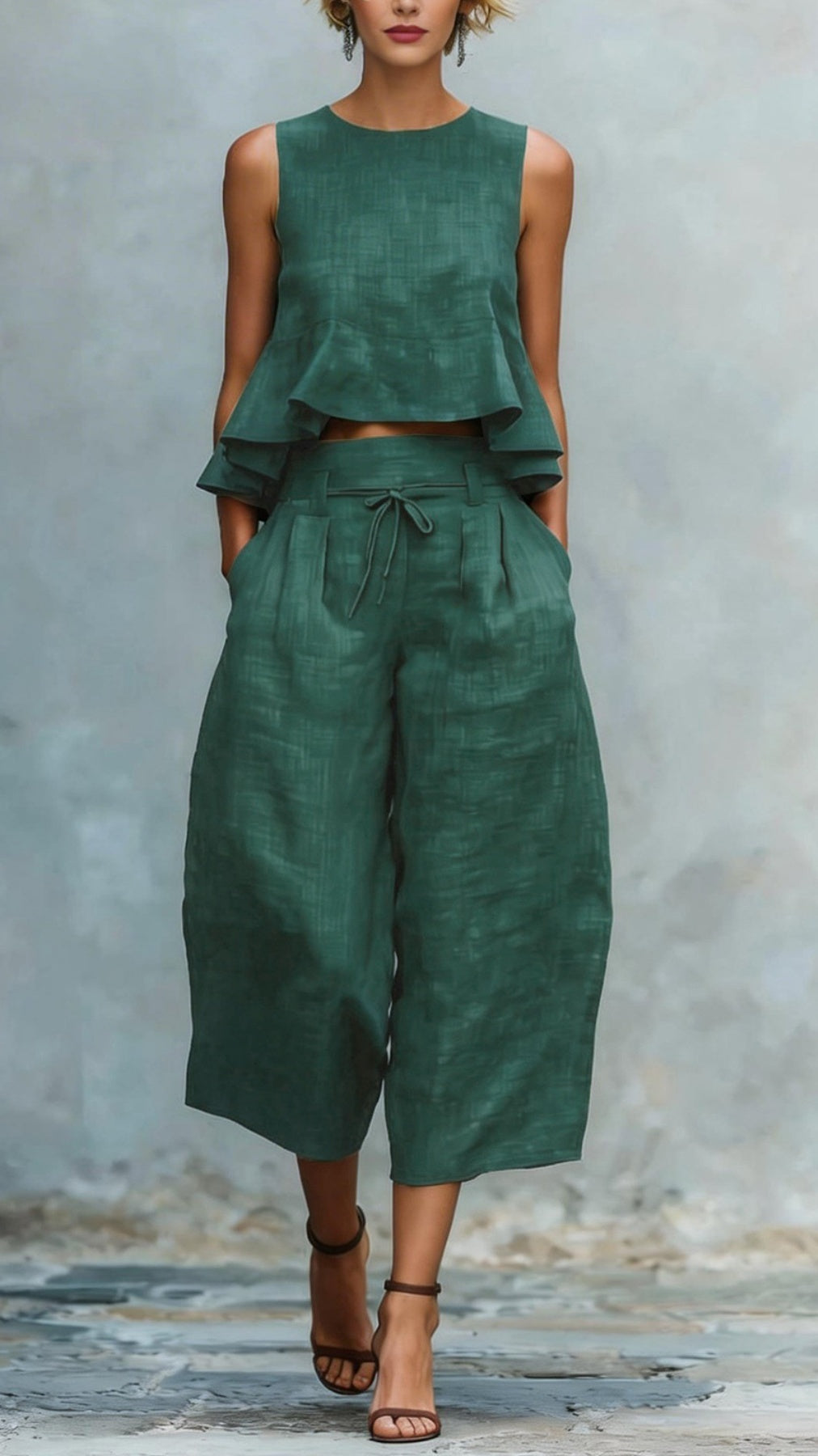 Women’s two-piece linen blend set with ruffled trim.
