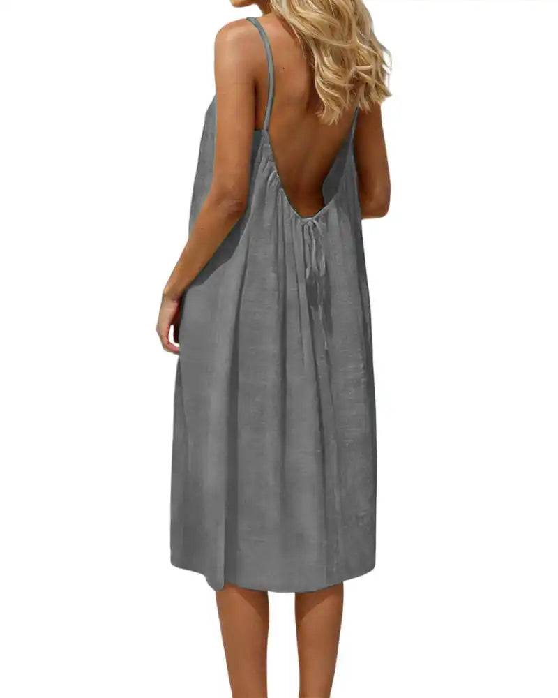 Women’s Solid-Color Backless Spaghetti-Strap Knee-Length Dress