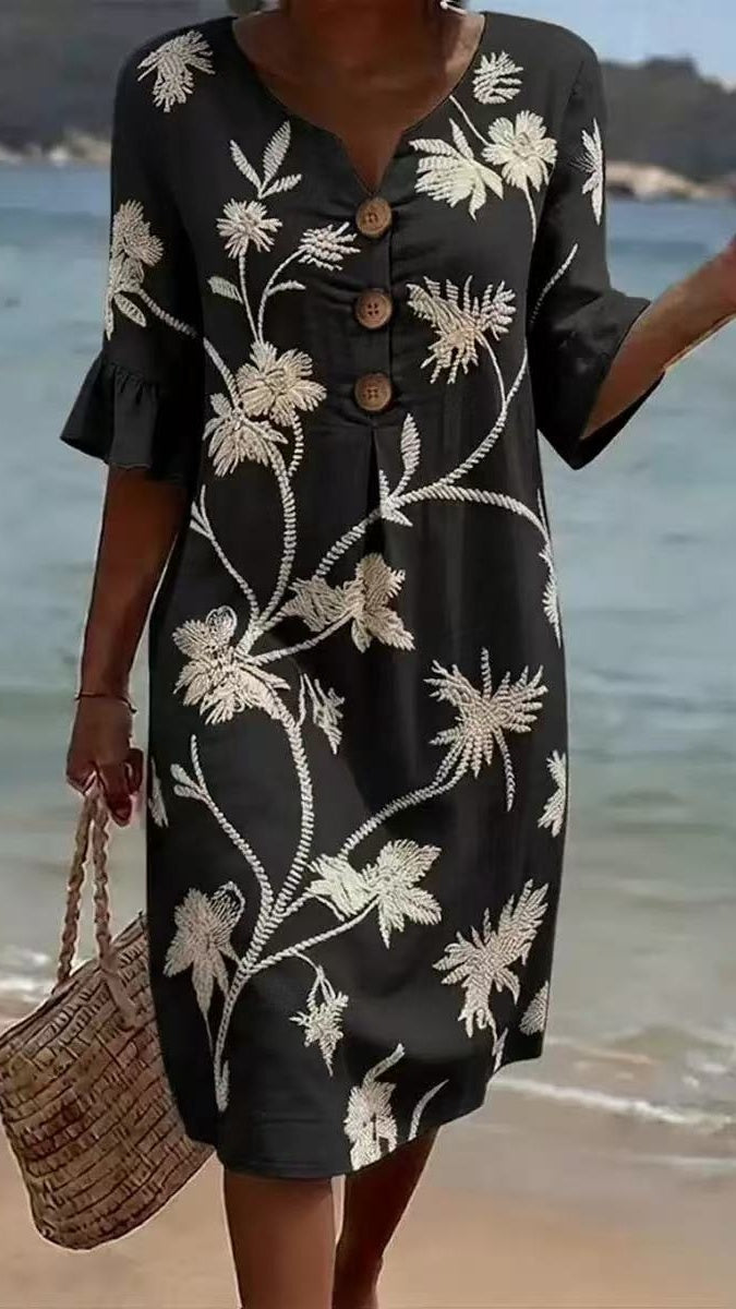 Women’s Vacation-Style V-Neck Printed Loose-Fit Dress with Mid-Length Sleeves