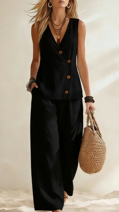 Women’s Casual Solid-Color Vacation-Style Two-Piece Set: Button-Front Vest & Trousers
