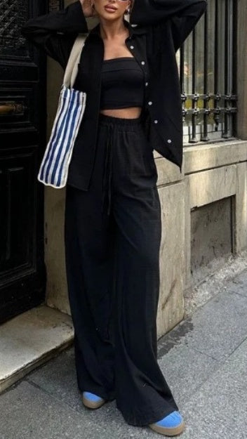 Women’s Casual Cotton-Linen Solid-Color Shirt & Drawstring Wide-Leg Pants Two-Piece Set