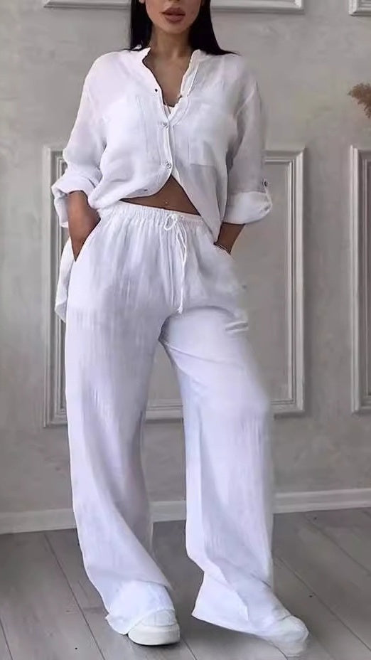 Women’s Casual Cotton-Linen Solid-Color Shirt & Drawstring Wide-Leg Pants Two-Piece Set