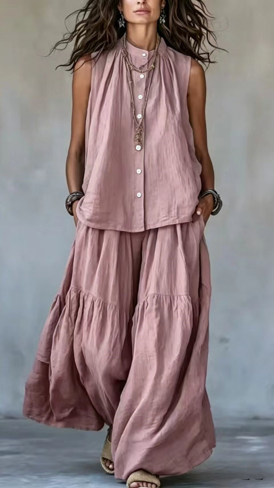 Women’s Two-Piece Set: Stand-Collar, Sleeveless Top with Front Placket & Wide-Leg Pants