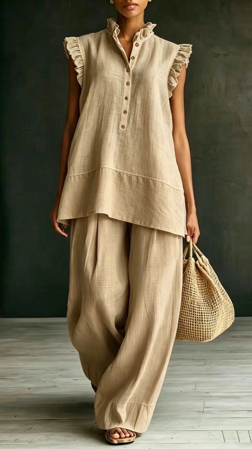 Women’s Ruffled Sleeveless Shirt and Loose-Fit Trousers Two-Piece Set