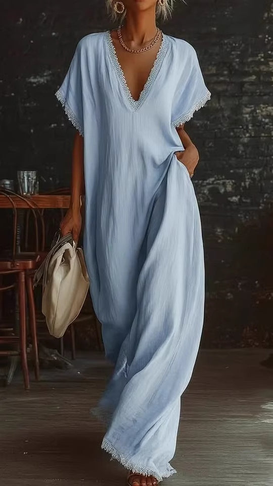 Women’s Lace-Trimmed V-Neck Loose-Fit Dress