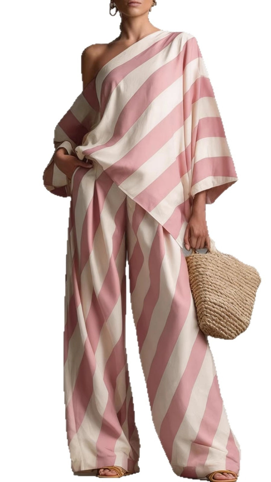 Women’s Chic & Laid-back Vintage Striped Two-Piece Set: Fashion Top and Wide-Leg Pants