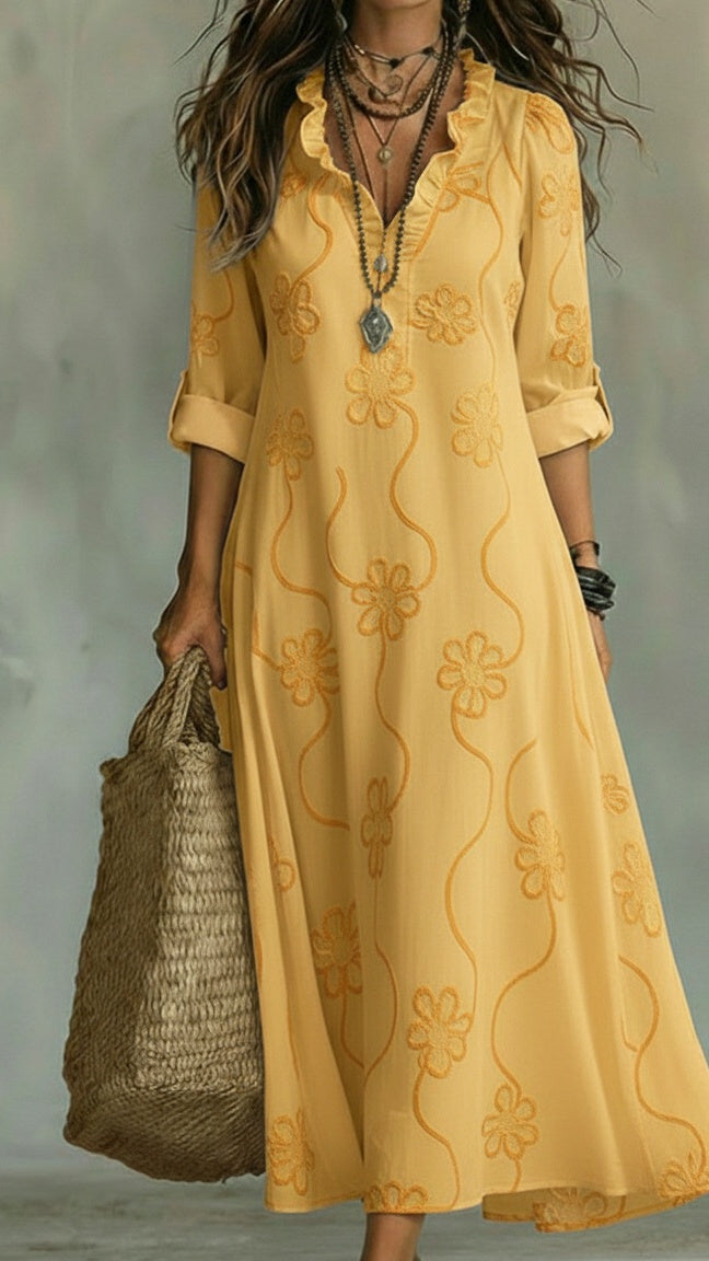Women’s Vintage Floral A-Line Dress with Ruffled Collar