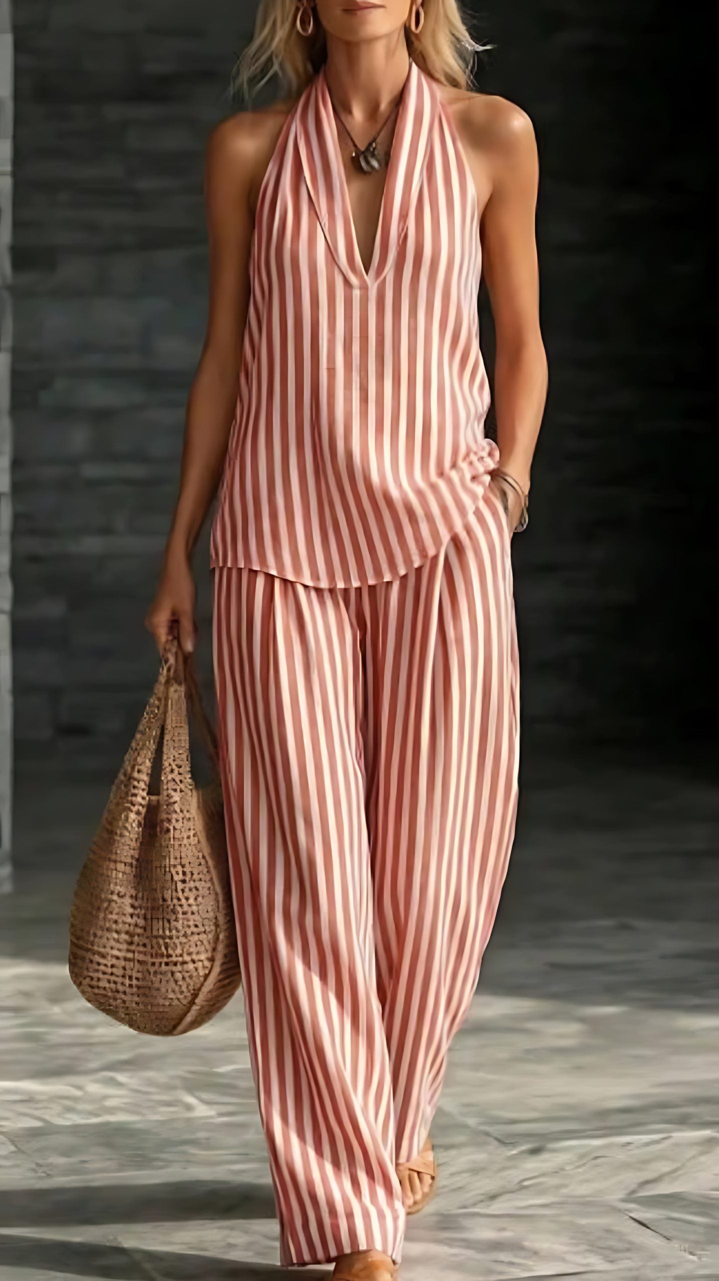 Women’s Striped Cotton-Linen Set: Wide-Leg Pants & Halter Top