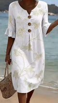 Women’s Vacation-Style V-Neck Printed Loose-Fit Dress with Mid-Length Sleeves