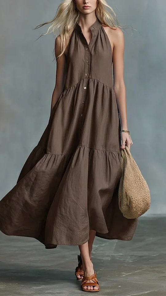 Women’s Sleeveless Casual Loose Linen Button-Down Vest Dress
