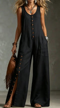 Women’s Sleeveless Linen Jumpsuit with Button Pockets