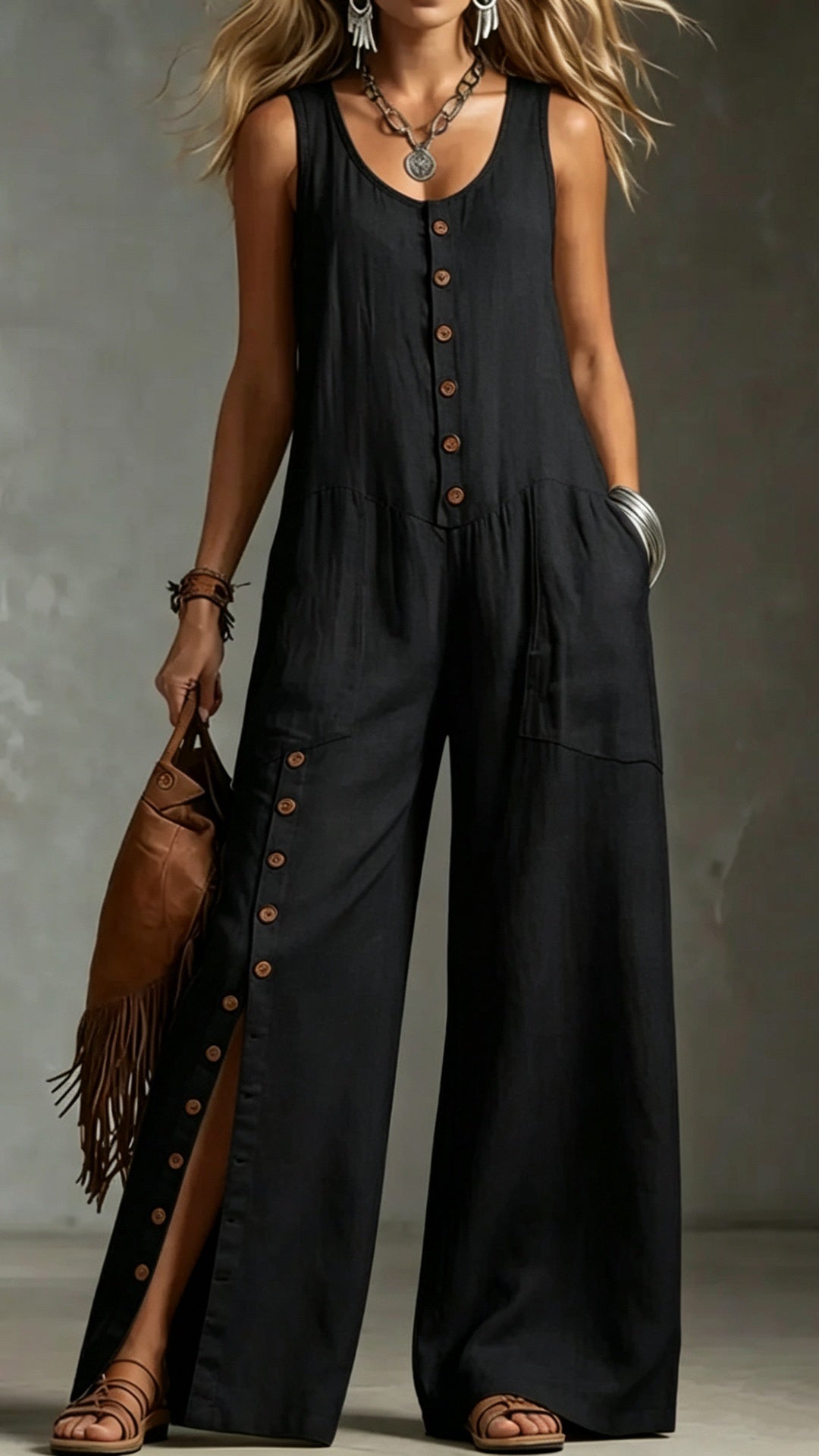 Women’s Sleeveless Linen Jumpsuit with Button Pockets