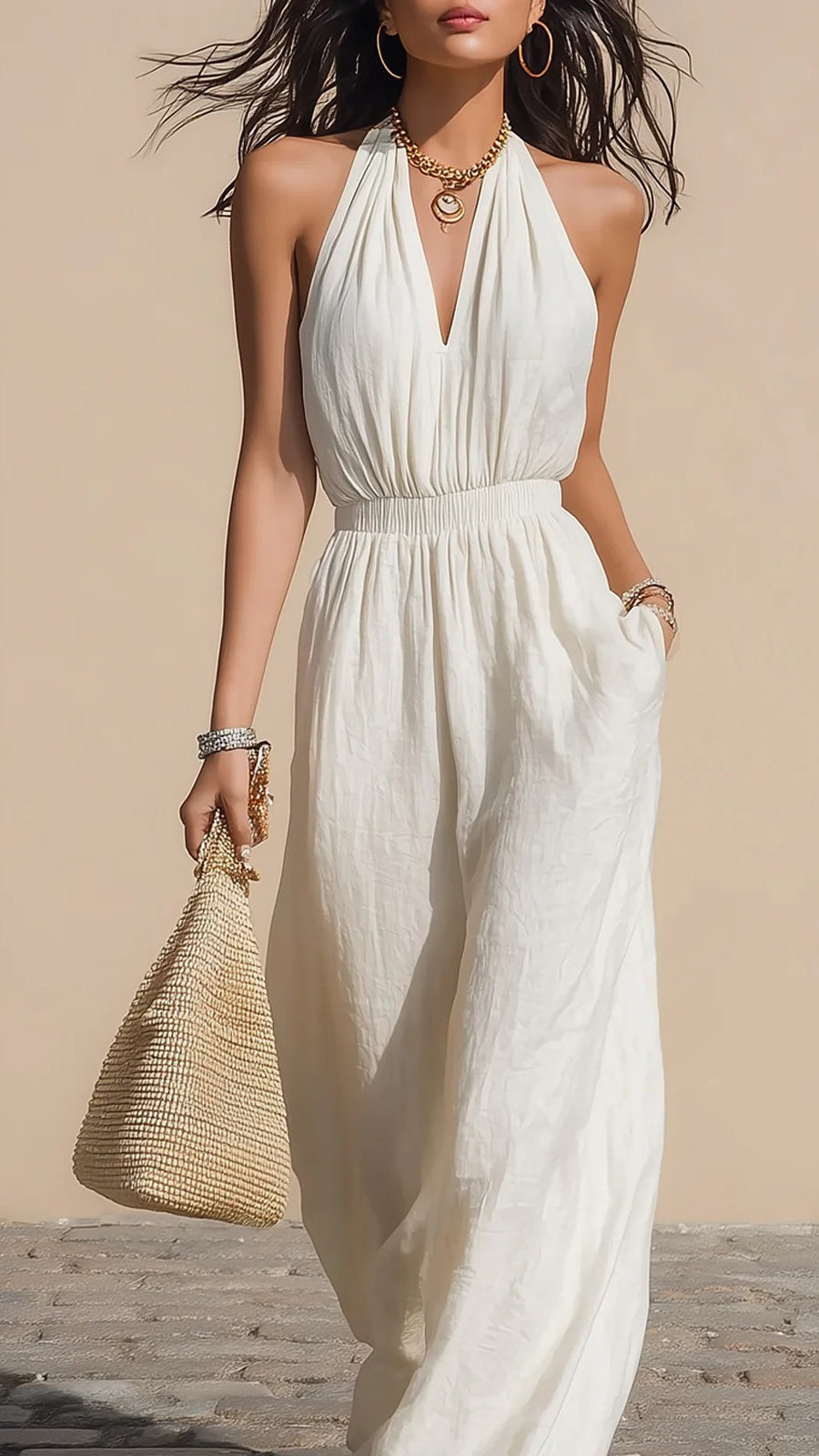 Women’s Halter-Neck V-Neck Slim-Fit Jumpsuit — Simple Solid-Color Wide-Leg Trousers