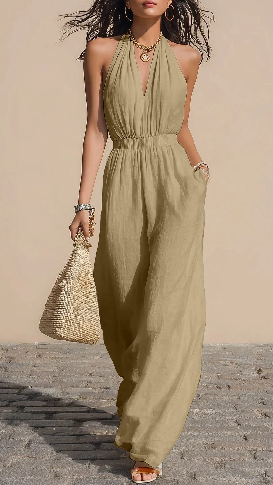 Women’s Halter-Neck V-Neck Slim-Fit Jumpsuit — Simple Solid-Color Wide-Leg Trousers