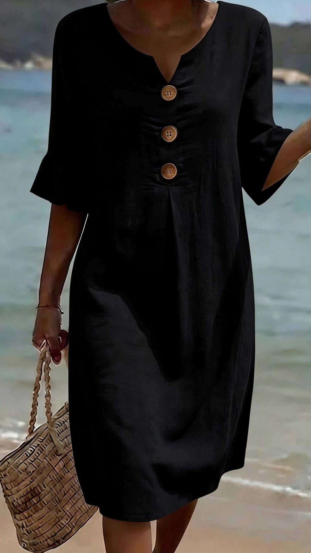Women’s Cotton-Linen Dress with V-Neck, Large Buttons, and Ruffled Sleeves