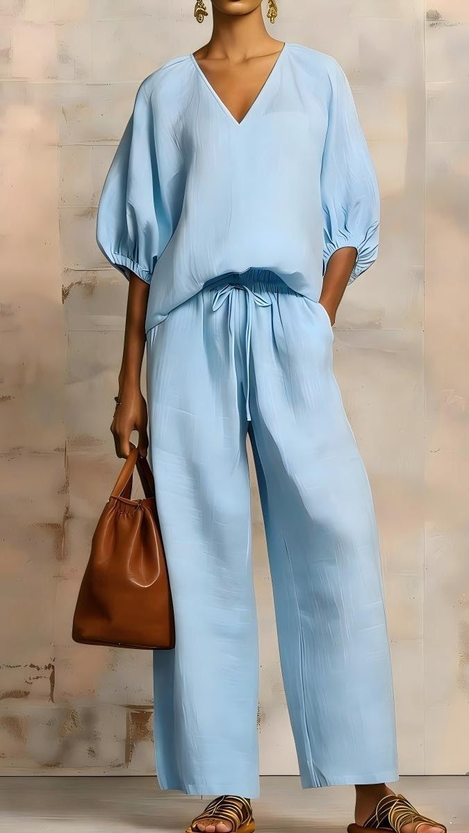Women’s Minimalist Solid-Color Loose-Fit V-Neck Casual Two-Piece Set