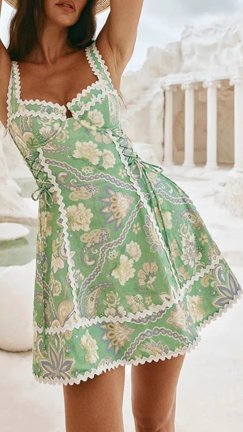 Women’s Printed Spaghetti-Strap Dress with Lace Splicing