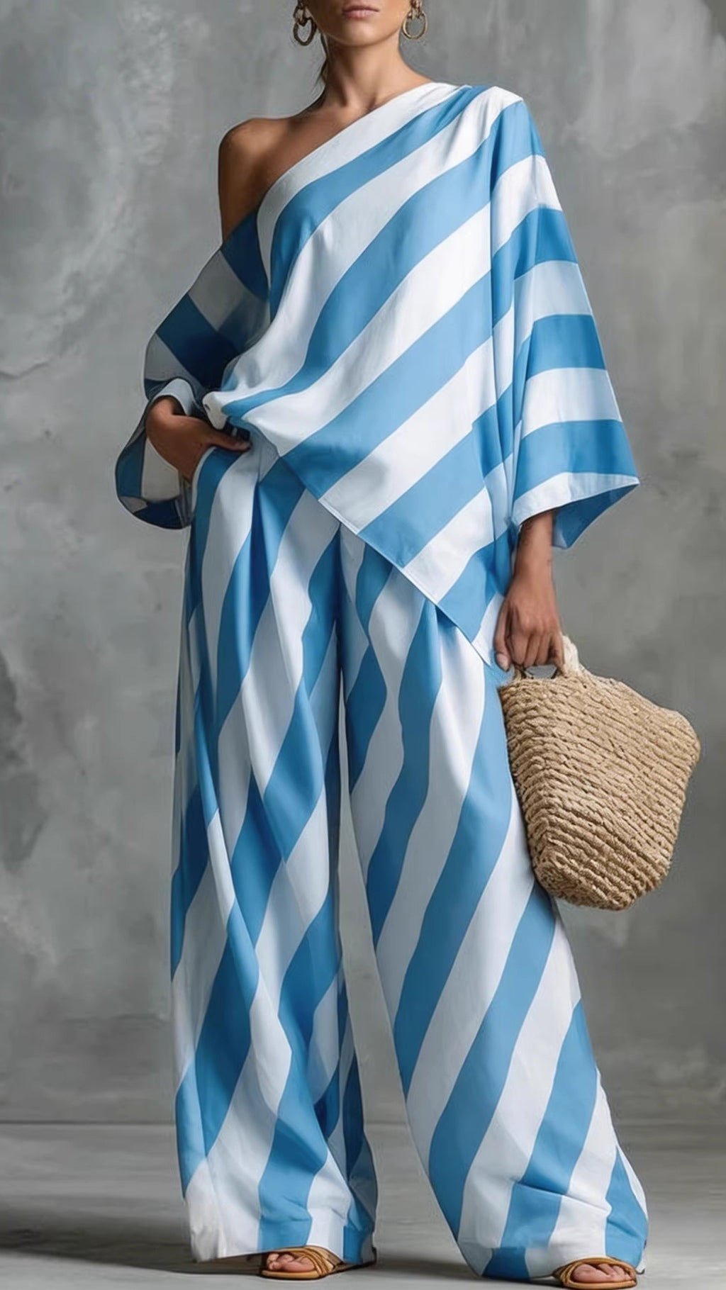 Women’s Chic & Laid-back Vintage Striped Two-Piece Set: Fashion Top and Wide-Leg Pants