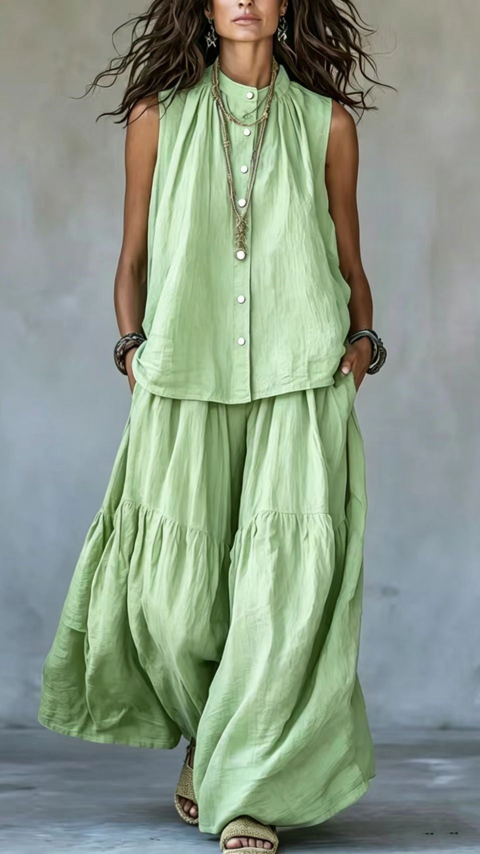 Women’s Two-Piece Set: Stand-Collar, Sleeveless Top with Front Placket & Wide-Leg Pants