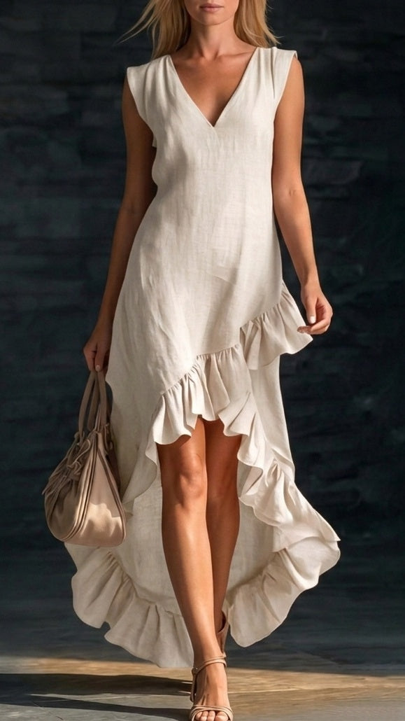 Women’s Sleeveless V-Neck Cotton-Linen Maxi Dress with Ruffled Hem
