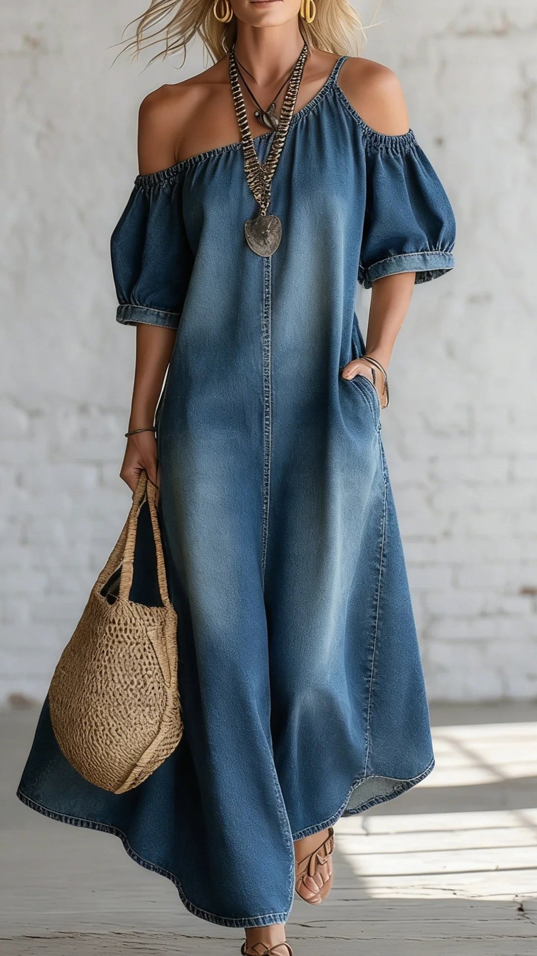 Women’s Loose-Fit, Elegant Off-Shoulder Denim Maxi Dress with Slit
