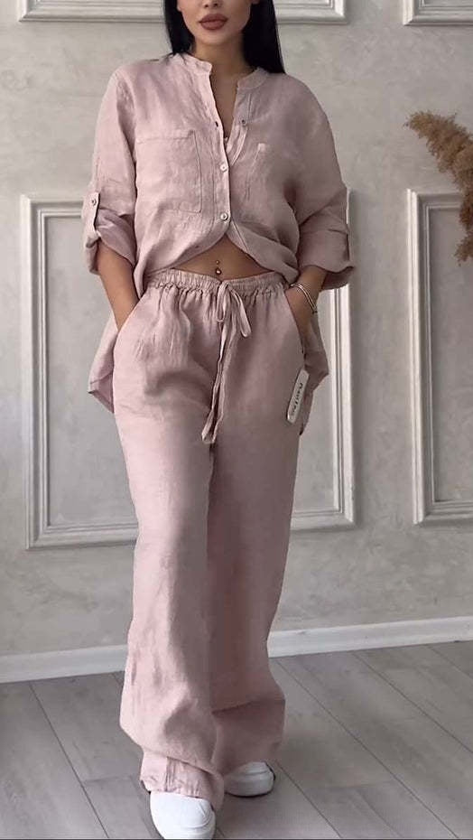 Women’s Casual Cotton-Linen Solid-Color Shirt & Drawstring Wide-Leg Pants Two-Piece Set