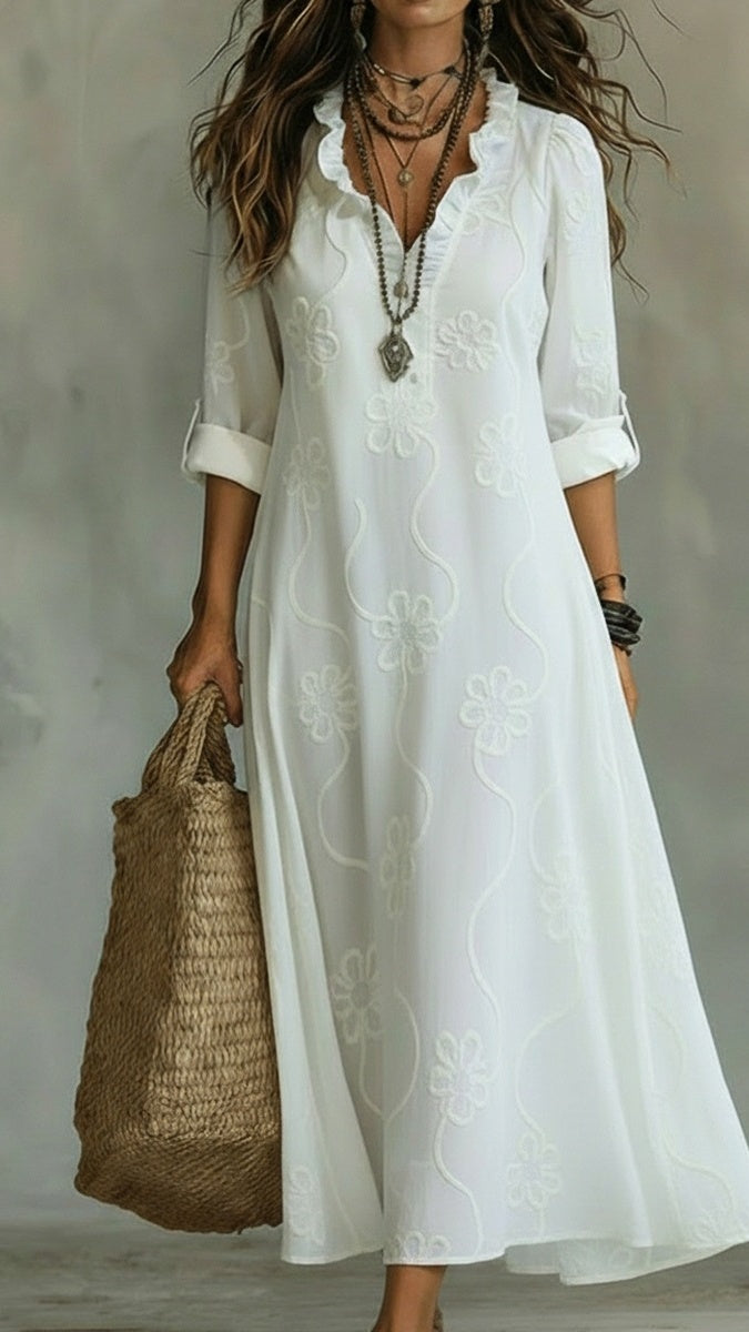 Women’s Vintage Floral A-Line Dress with Ruffled Collar