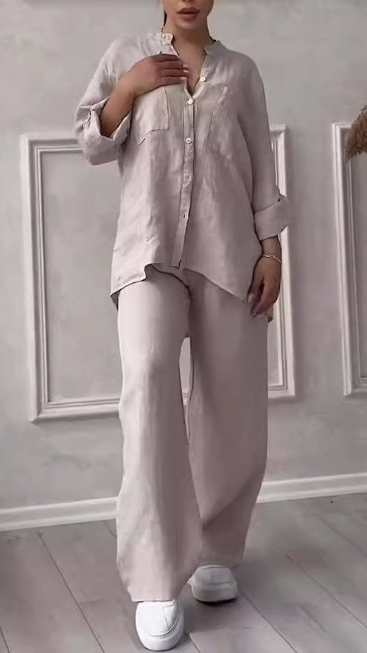 Women’s Casual Cotton-Linen Solid-Color Shirt & Drawstring Wide-Leg Pants Two-Piece Set
