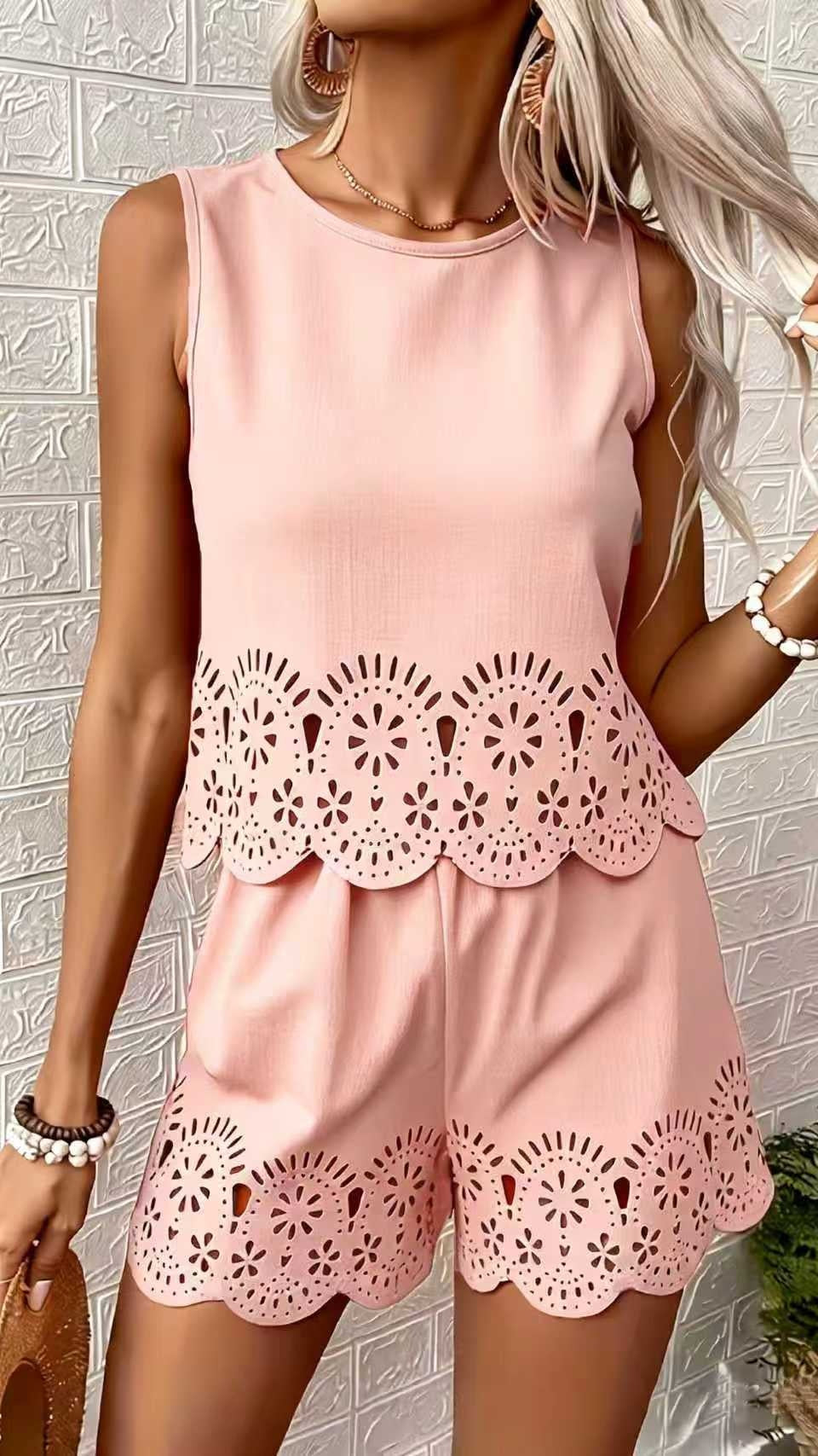 Women’s Elegant Hollow-Out Design Short-Sleeve Top and Shorts Two-Piece Set