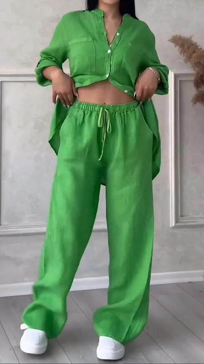 Women’s Casual Cotton-Linen Solid-Color Shirt & Drawstring Wide-Leg Pants Two-Piece Set