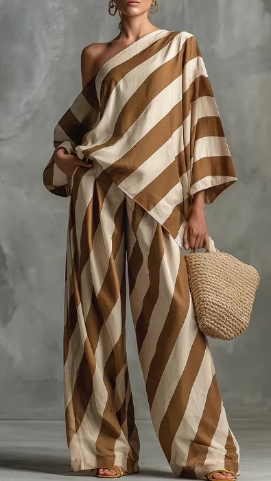 Women’s Chic & Laid-back Vintage Striped Two-Piece Set: Fashion Top and Wide-Leg Pants