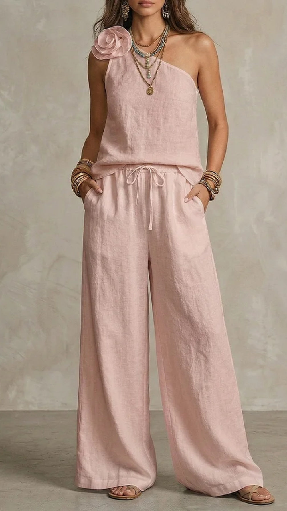Women’s Two-Piece Set: One-Shoulder Strap Top & T-Shirt