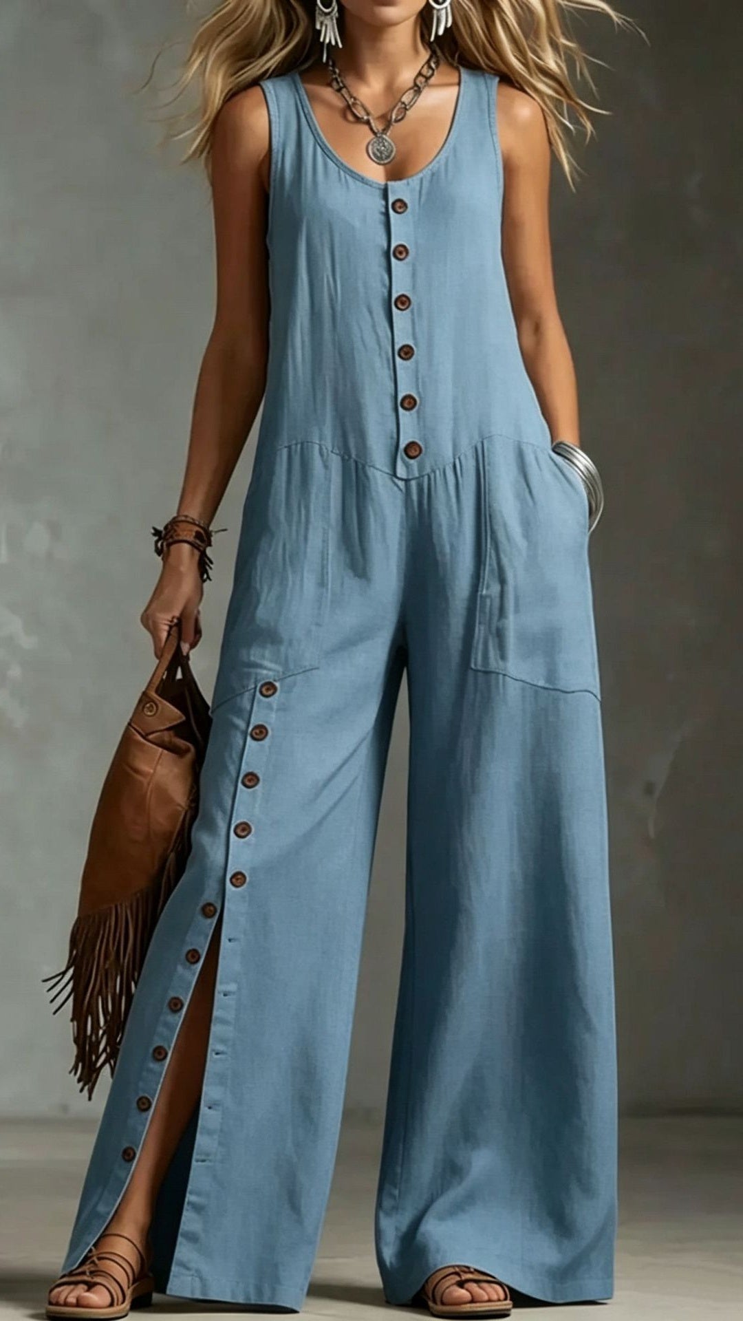 Women’s Sleeveless Linen Jumpsuit with Button Pockets