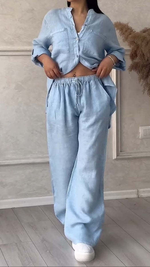 Women’s Casual Cotton-Linen Solid-Color Shirt & Drawstring Wide-Leg Pants Two-Piece Set