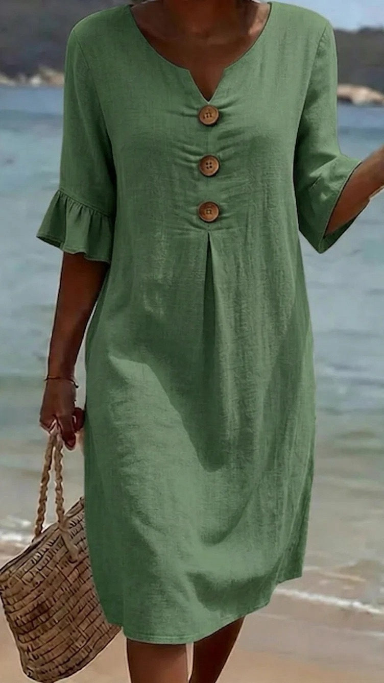 Women’s Cotton-Linen Dress with V-Neck, Large Buttons, and Ruffled Sleeves