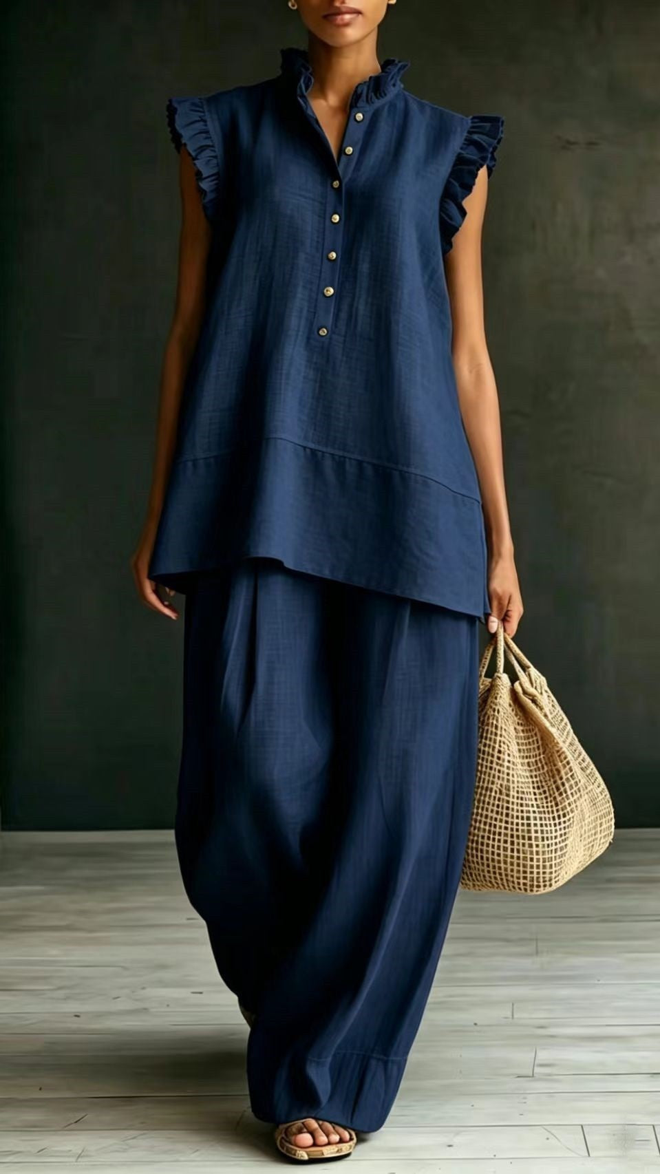 Women’s Ruffled Sleeveless Shirt and Loose-Fit Trousers Two-Piece Set