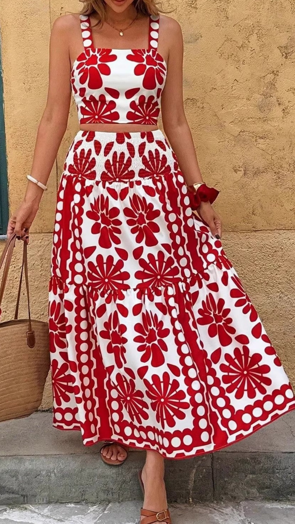 Women’s Vacation-Style Casual Printed Spaghetti-Strap Maxi Dress Set