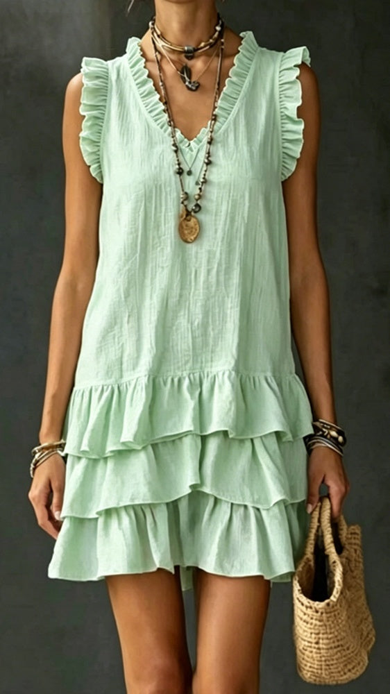 Women’s Casual V-Neck Ruffle-Trim Tiered Dress — Sleeveless Tank Dress