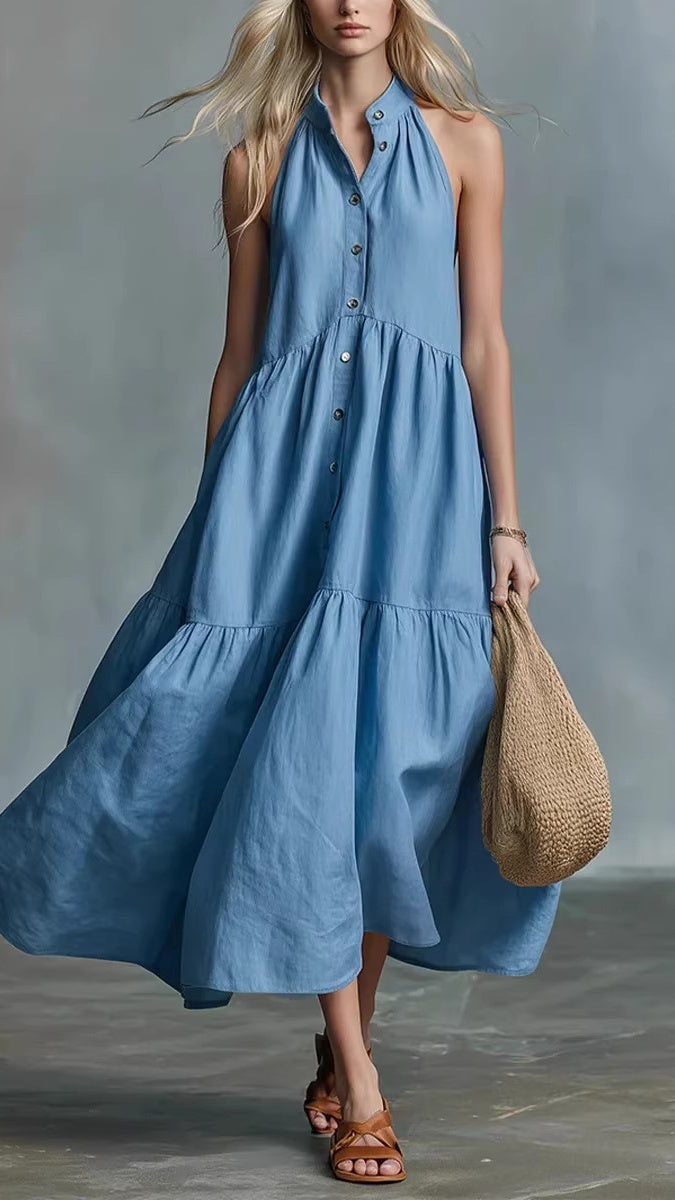 Women’s Sleeveless Casual Loose Linen Button-Down Vest Dress