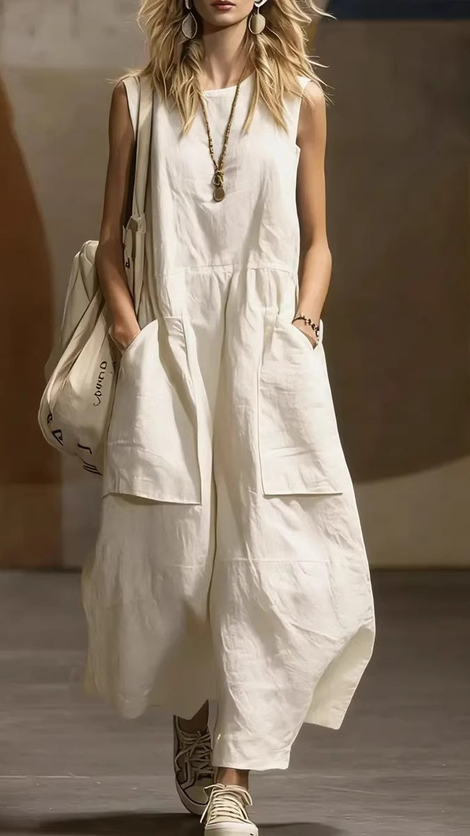 Women’s Loose-Fit, Simple, Sleeveless Cotton-Linen Dress with Pockets
