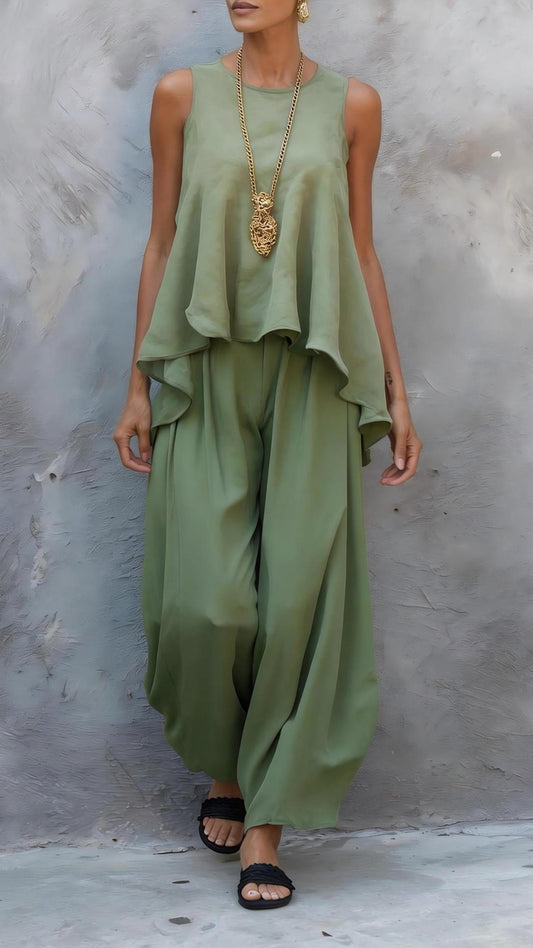 Women’s Casual Two-Piece Set: Sleeveless Top & Loose Wide-Leg Pants