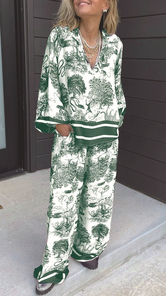 Women’s Casual V-Neck Printed Long-Sleeve Two-Piece Set with Pockets