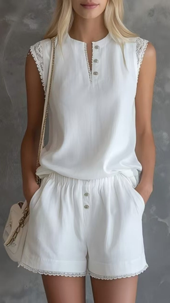 Women’s Solid-Color V-Neck Button-Front Short-Sleeve & Shorts Casual Two-Piece Set
