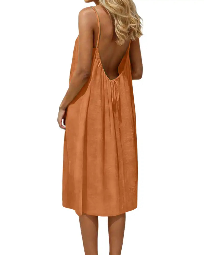 Women’s Solid-Color Backless Spaghetti-Strap Knee-Length Dress