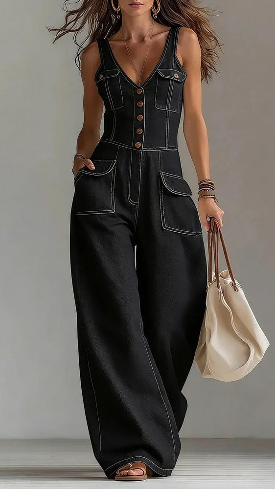 🔥Women’s Washed Denim Loose-Fit Sleeveless Jumpsuit with Straps