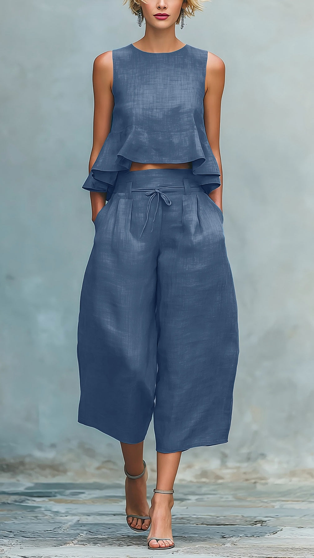 Women’s two-piece linen blend set with ruffled trim.
