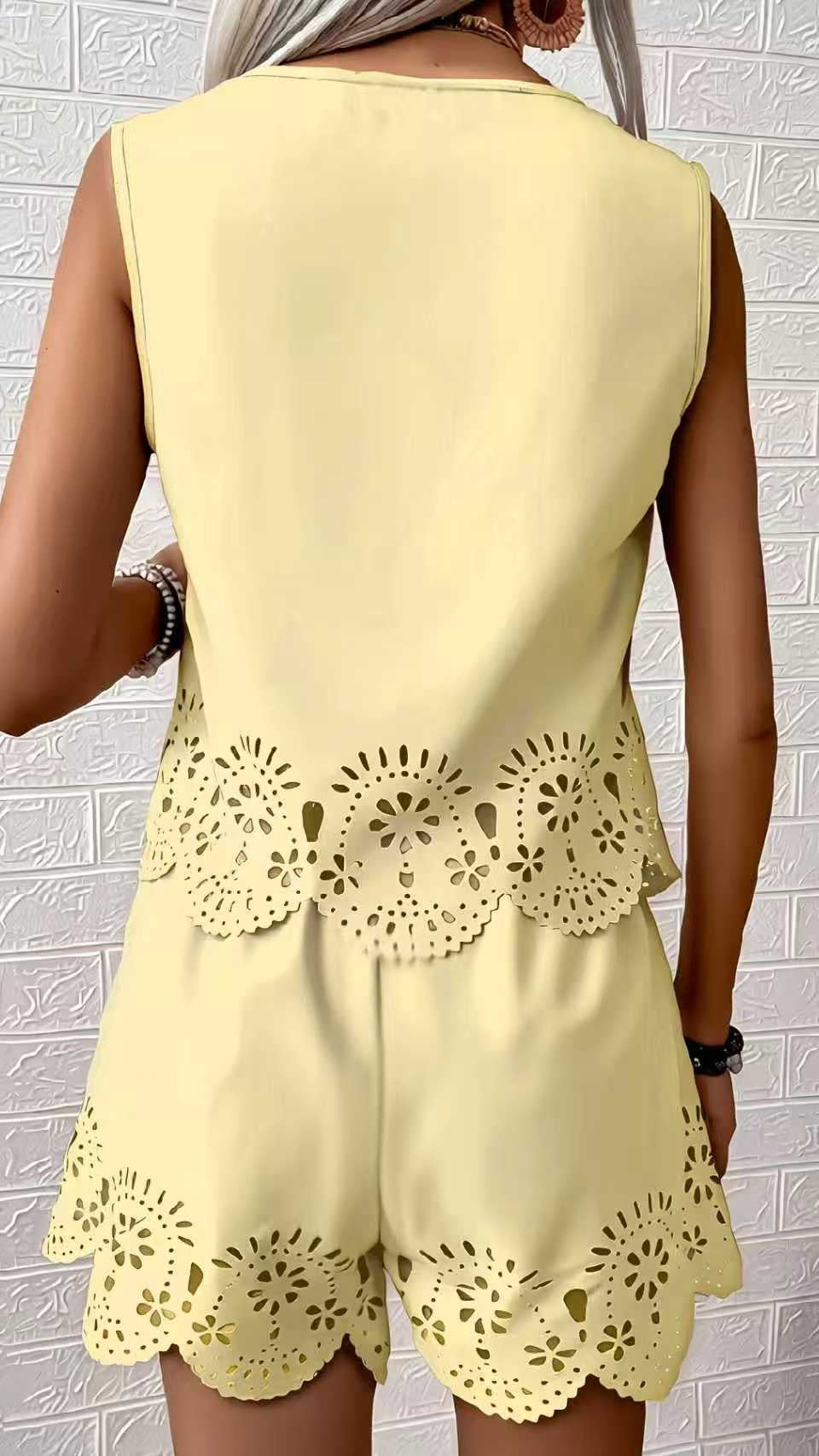 Women’s Elegant Hollow-Out Design Short-Sleeve Top and Shorts Two-Piece Set
