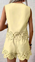 Women’s Elegant Hollow-Out Design Short-Sleeve Top and Shorts Two-Piece Set
