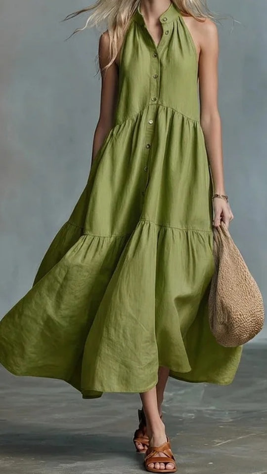Women’s Sleeveless Casual Loose Linen Button-Down Vest Dress